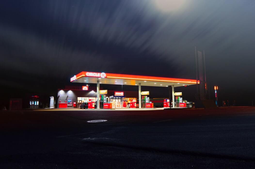 A gas station at night
